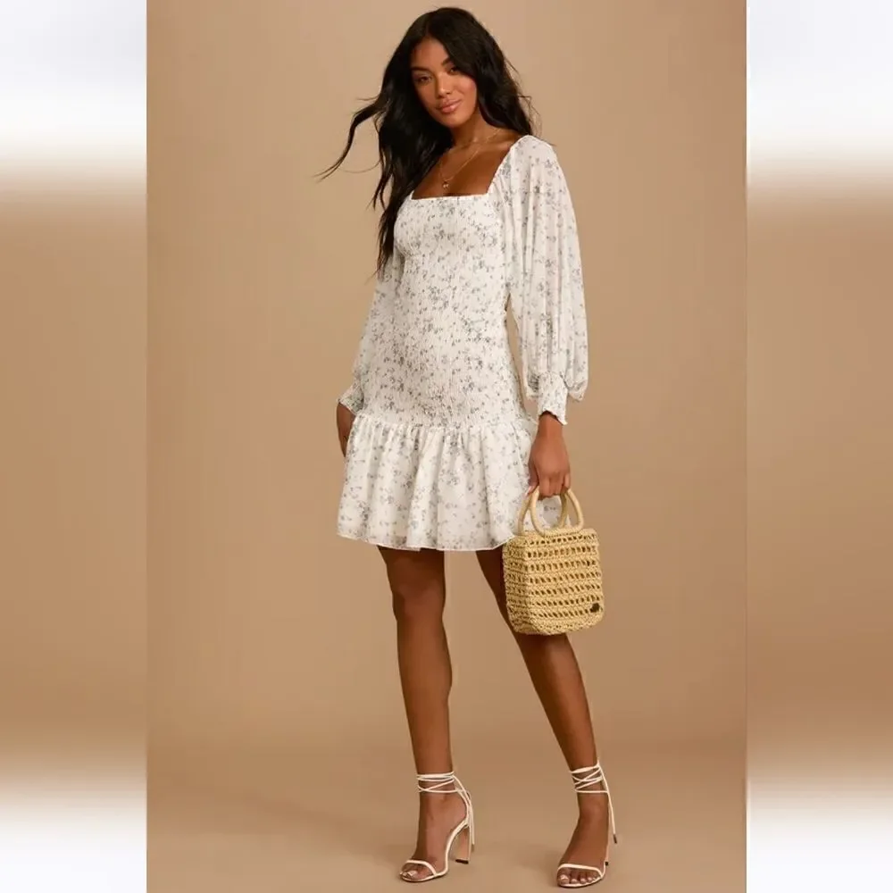 Lulu's Va Va Bloom Ivory Floral Print Smocked Long Sleeve Mini Dress Size XS